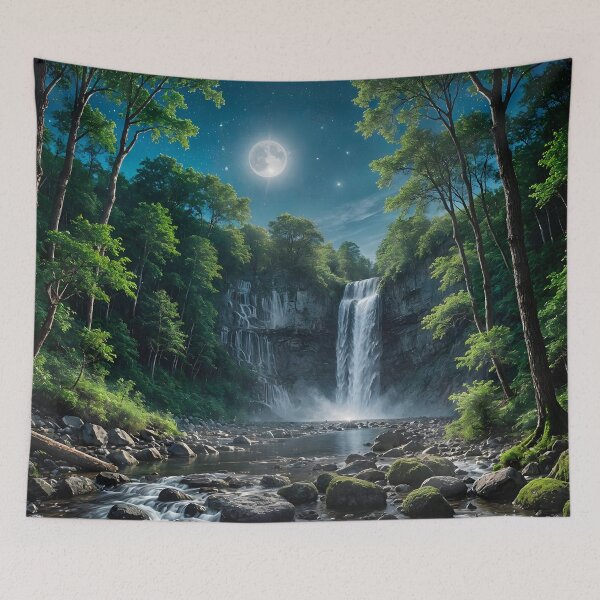 Item preview, Moonlit waterfall, luxurious forestscape designed and sold by artedamensagem.