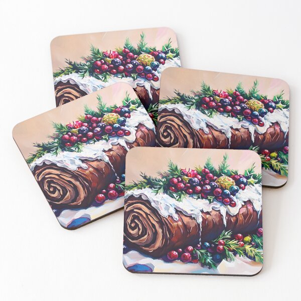 Artikelvorschau, Frohe Weihnachten – Bûche de Noël Festlicher Weihnachtskuchen mit Beeren und schneeähnlicher Glasur in zarten Pastelltönen entworfen und verkauft von OlfactoART Studio.