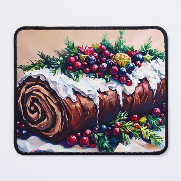 Item preview, Merry Christmas- Bûche de Noël Festive Yule Log Cake with Berries and Snow-Like Icing in Soft Pastel Setting designed and sold by OlfactoART Studio.