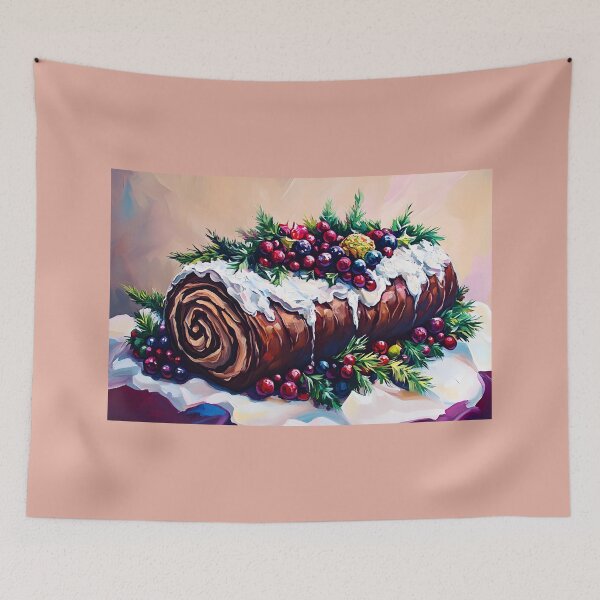 Aperçu de l'œuvre Joyeux Noël - Bûche de Noël Gâteau de Noël festif avec baies et glaçage semblable à de la neige dans un décor pastel doux créée et vendue par OlfactoART Studio.