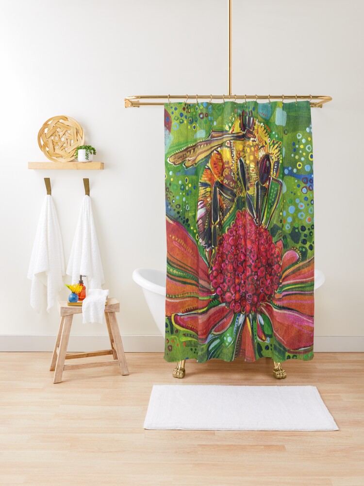 Thumbnail 1 of 5, Shower Curtain, Tri-colored Bumble Bee designed and sold by gwennpaints.