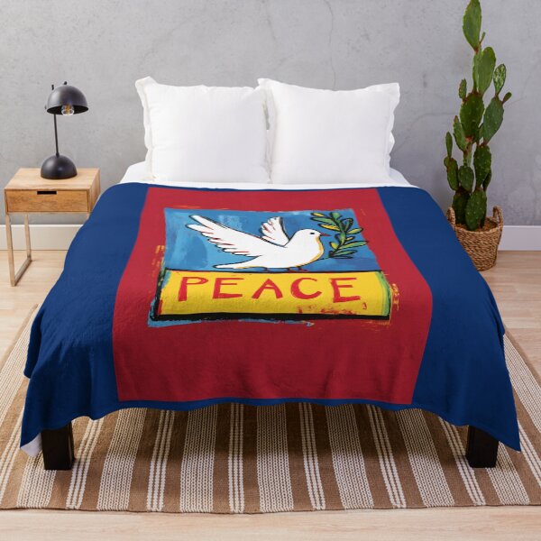 Item preview, Abstract Minimal Art of a White Dove with Olive Branch on Blue and Red Background with Bold Peace Message designed and sold by OlfactoART Studio.