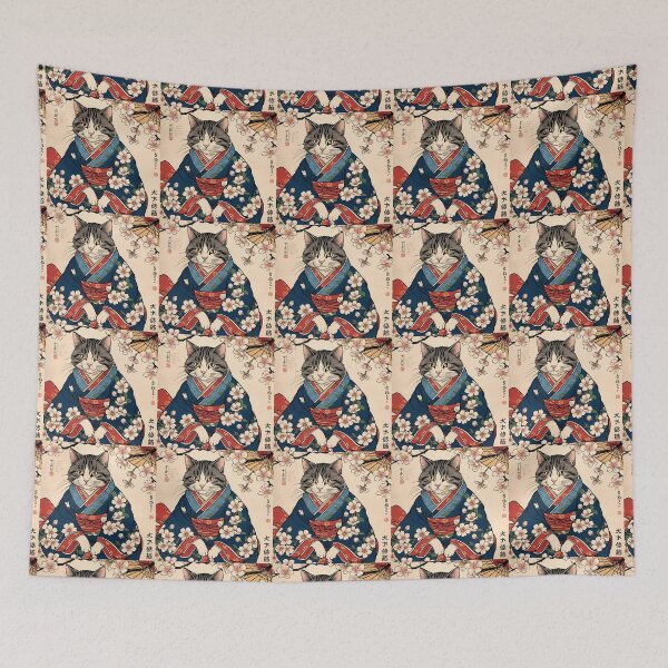 Item preview, grey cat Neko Harmony: Retro Japanese Cat with kimono for Feline Aficionados designed and sold by Catophile.