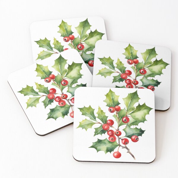 Item preview,   Holly Watercolor Minimalist Florals Pattern  Green Red ,Christmas  Romantic Elegant Pattern designed and sold by KolorellaS.