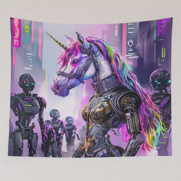 Aperçu de l'œuvre Licorne Punk dans une Ville Futuriste créée et vendue par Collection de trésors .
