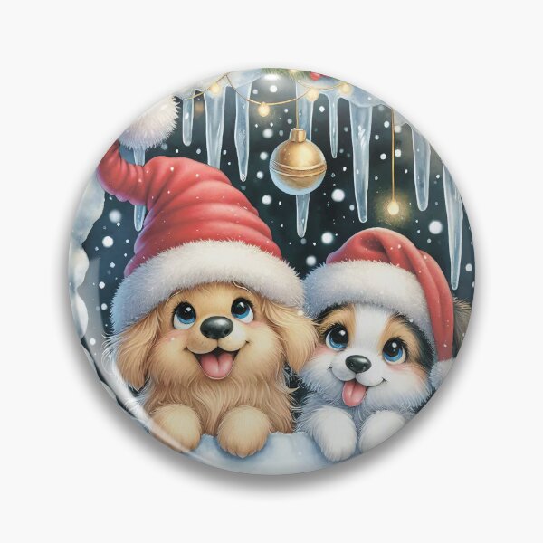 Aperçu de l'œuvre Deux chiens mignons portant un chapeau de Père Noël. Cadeaux, boules et glaçons. créée et vendue par MagelliShop.