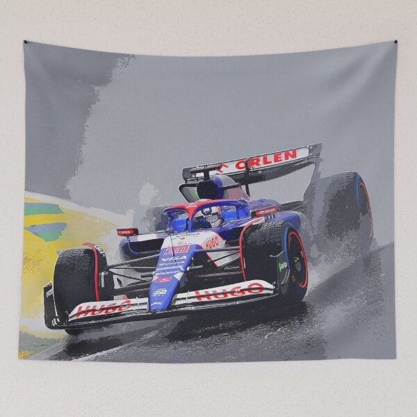 Item preview, Liam Lawson racing in the rain during the 2024 Brazilian Grand Prix at Interlagos watercolor designed and sold by Rodissimus1984.