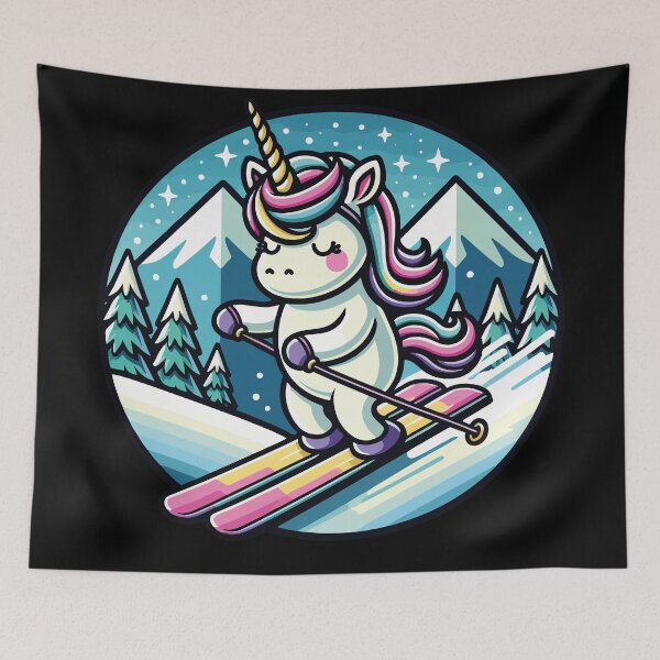 Item preview, Adorable Unicorn Cartoon Art Magical Skiing in Winter  designed and sold by DrawHandArt.