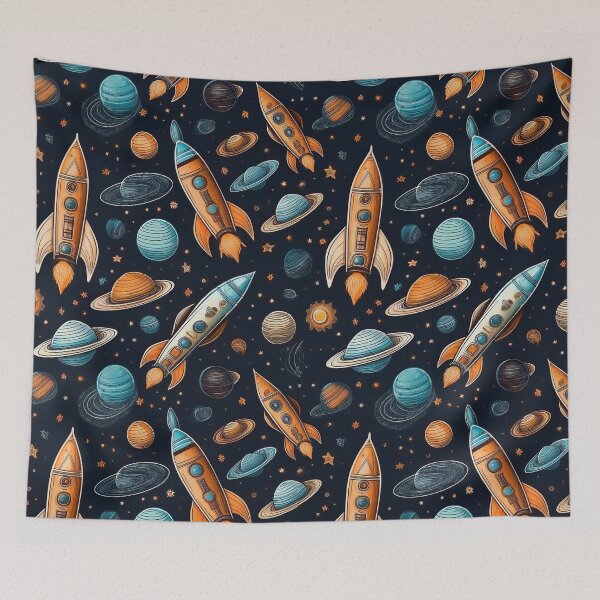 Item preview, Cosmic Carnival: A vibrant and playful pattern featuring colorful rockets and planets, celebrating a cosmic carnival filled with joy and excitement. designed and sold by Grang Art Artistic Designs.