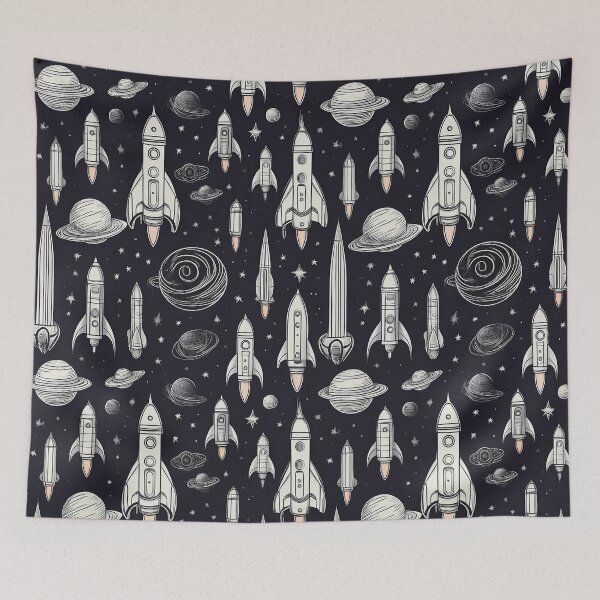 Item preview, Stellar Spectacle: A monochrome and playful pattern featuring rockets and planets, celebrating a cosmic carnival filled with joy and excitement. designed and sold by Grang Art Artistic Designs.