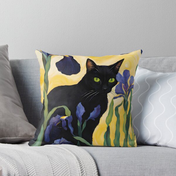 Aperçu de l'œuvre Chat noir avec des fleurs bleues sur un fond tourbillonnant créée et vendue par RetroPop23.