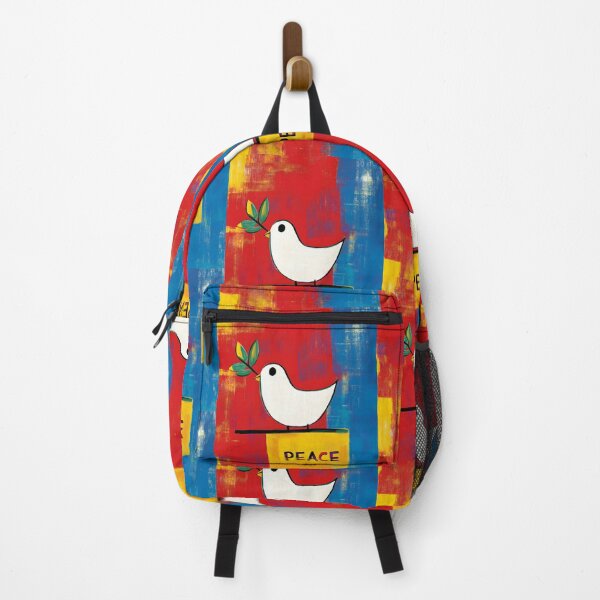 Item preview, Minimal Digital AI Art of a White Dove with Olive Branch on Peace Block with Bold Red and Blue Background designed and sold by OlfactoART Studio.