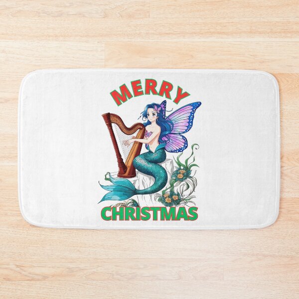 Item preview, Merry Christmas Mermaid with butterfly wings playing a harp. designed and sold by RoseAIArtRhythm.