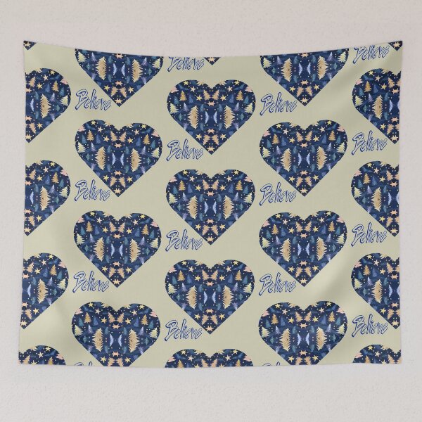 Item preview, Believe. I love Christmas. Heart with Christmas tree pattern in sand and blue designed and sold by FreeSoulLab.
