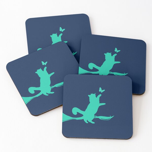 Item preview, Minimal Cute Cat Catching a Butterfly (blue-green and navy) designed and sold by Kataverse.