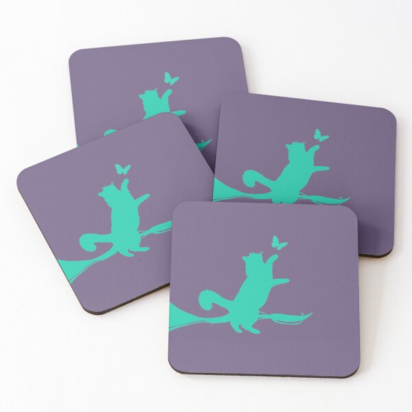 Item preview, Minimal Cute Cat Catching a Butterfly (blue-green and purple) designed and sold by Kataverse.