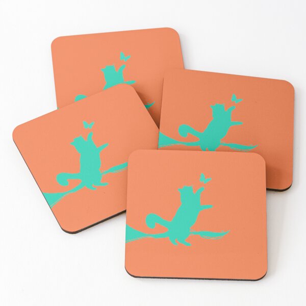 Item preview, Minimal Cute Cat Catching a Butterfly (blue-green and orange) designed and sold by Kataverse.