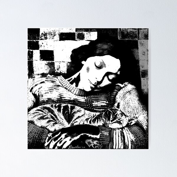 Me and Cat Sleeping in Winter Monochrome Art by iServalan for Tale Teller Club Poster