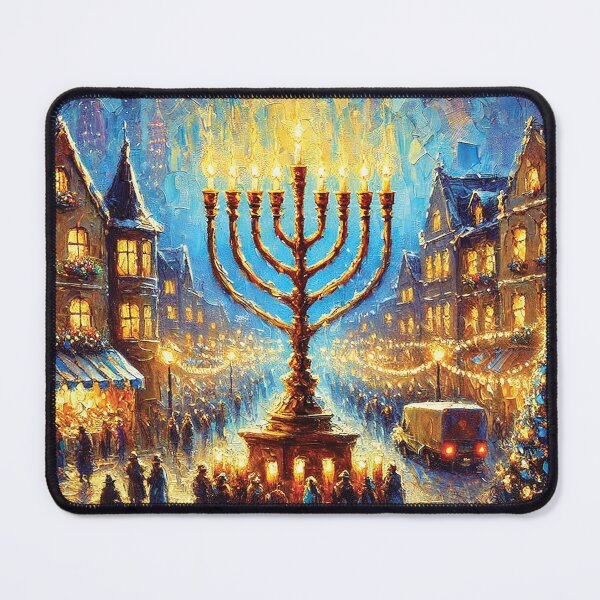 Item preview, Hanukkah Celebration in Cozy Cityscape – Impressionist Menorah Art designed and sold by Gold Turtle  Lina.