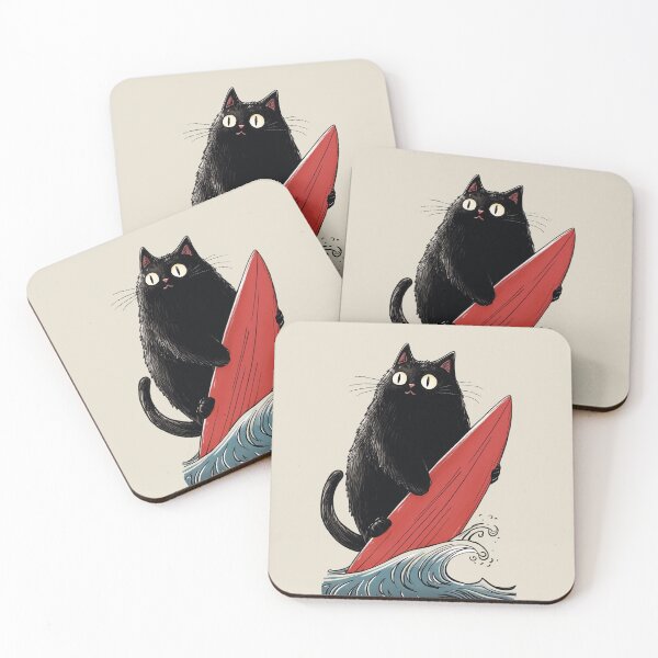 Item preview, Black Cat Surfer with Red Board in Waves designed and sold by OrenjiArtShop.