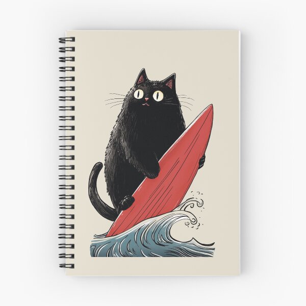 Item preview, Black Cat Surfer with Red Board in Waves designed and sold by OrenjiArtShop.