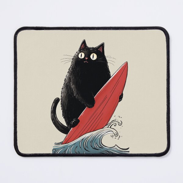 Item preview, Black Cat Surfer with Red Board in Waves designed and sold by OrenjiArtShop.