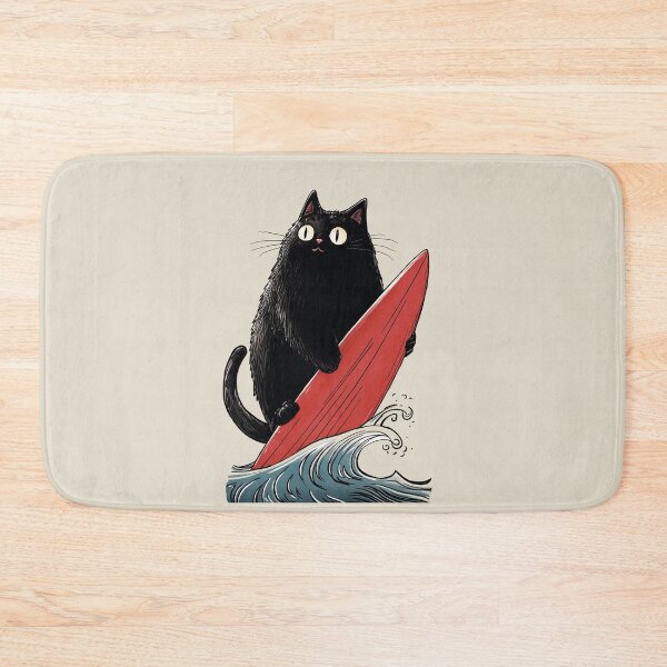 Item preview, Black Cat Surfer with Red Board in Waves designed and sold by OrenjiArtShop.