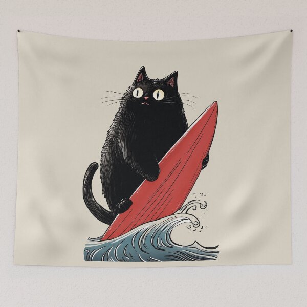 Item preview, Black Cat Surfer with Red Board in Waves designed and sold by OrenjiArtShop.