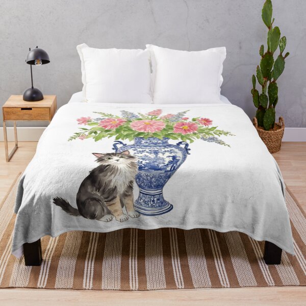 Item preview, chinoiserie style cat with vase colorful flower bouquet designed and sold by Magnolia Valley Art.