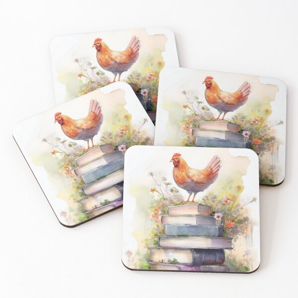 Item preview, Farm decor, farmhouse art, chicken painting,  farm animal, watercolor painting,  floral, bookish, stack of books designed and sold by navitalidesign.