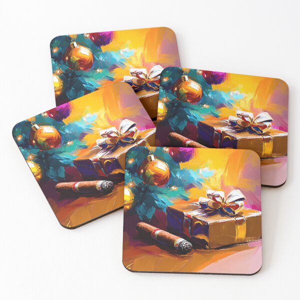 Item preview, Christmas Tree with Ornaments and Gift Box - Cigar and Festive Cheer in Warm Holiday Scene Digital AI Generated Art designed and sold by OlfactoART Studio.