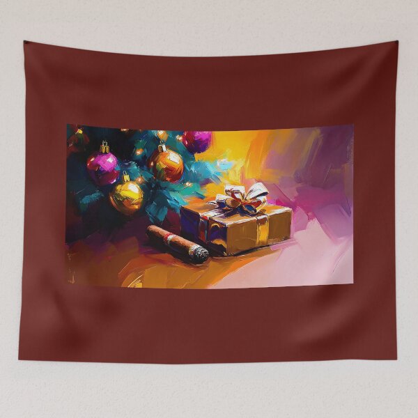Item preview, Christmas Tree with Ornaments and Gift Box - Cigar and Festive Cheer in Warm Holiday Scene Digital AI Generated Art designed and sold by OlfactoART Studio.