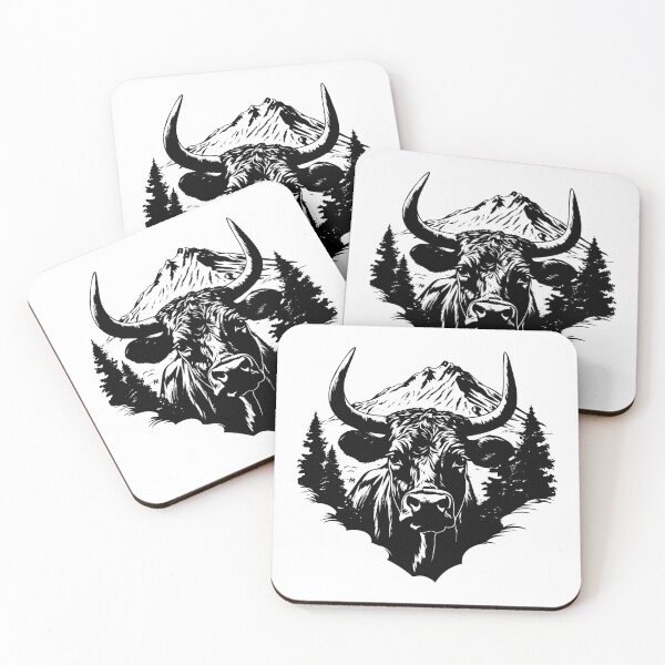 Item preview, Cow Cattle Head Bull Bovine Ox Heifer Mountain Pine Tree designed and sold by inkoutninja.