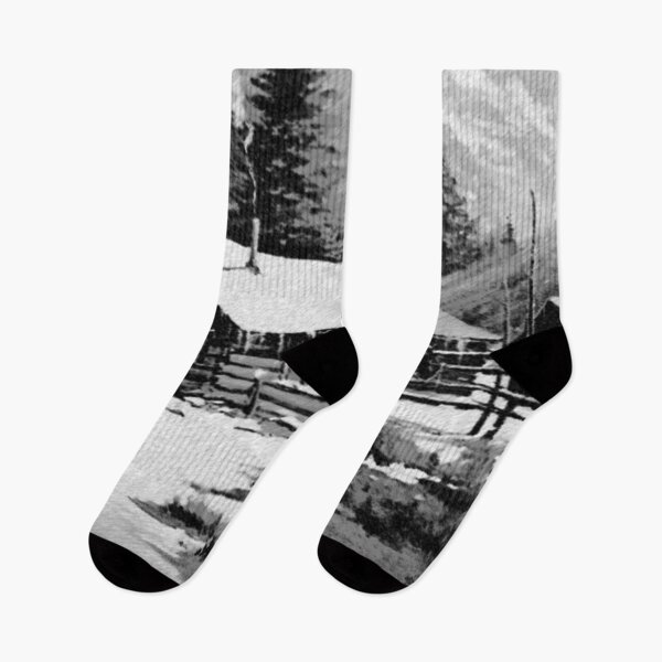 Item preview, Cabin Mountain Scene Nature Black White designed and sold by Tammy Marie Russell.