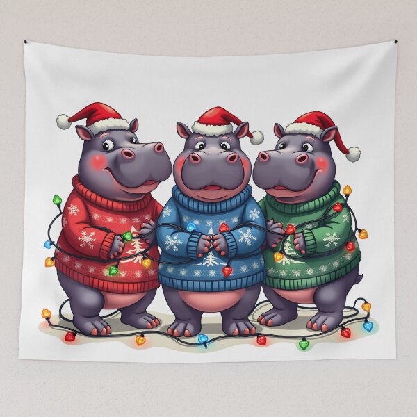 Item preview, Festive Hippos Wearing Christmas Lights designed and sold by CraftyAnimal.