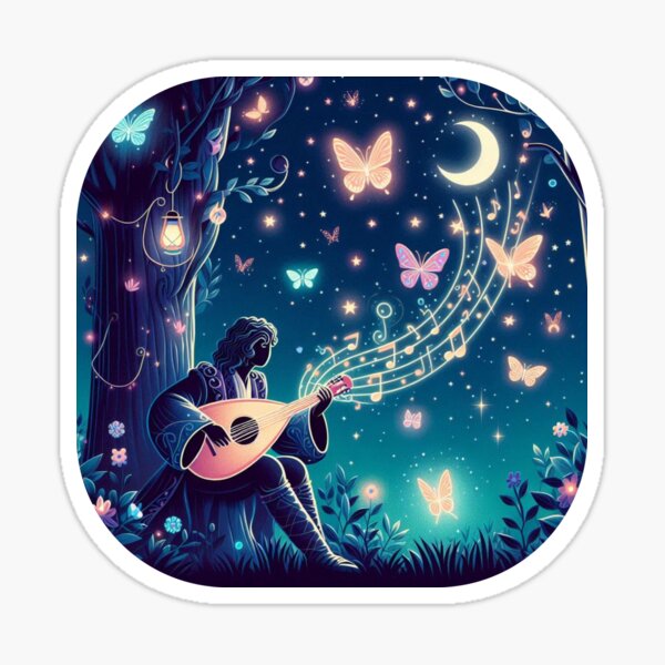 Enchanted Bard under Starlit Sky with Glowing Butterflies Sticker