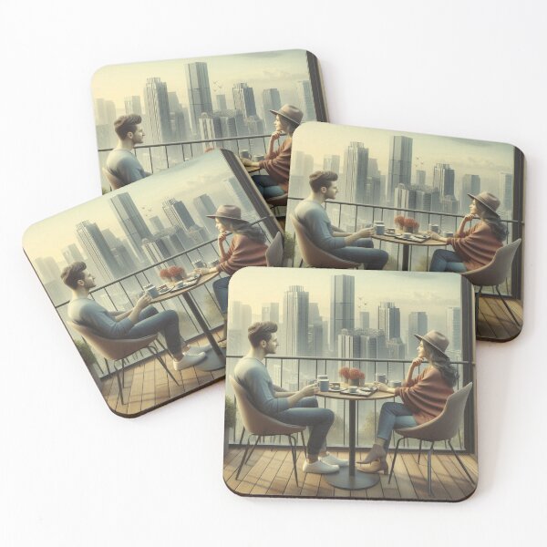 Item preview, Couple Enjoys Morning Coffee in Urban Area Penthouse designed and sold by choder61.