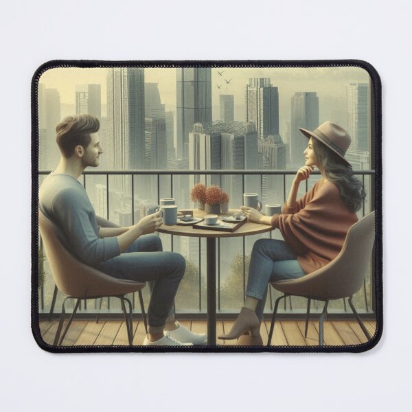 Item preview, Couple Enjoys Morning Coffee in Urban Area Penthouse designed and sold by choder61.