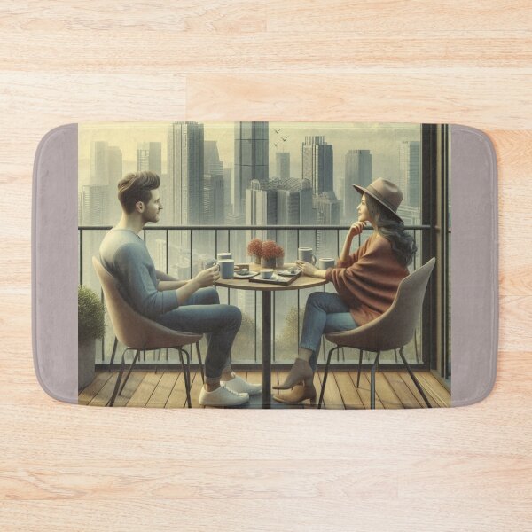 Item preview, Couple Enjoys Morning Coffee in Urban Area Penthouse designed and sold by choder61.