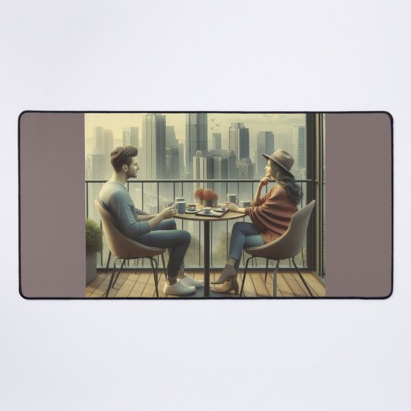 Item preview, Couple Enjoys Morning Coffee in Urban Area Penthouse designed and sold by choder61.