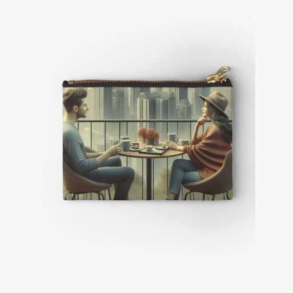 Item preview, Couple Enjoys Morning Coffee in Urban Area Penthouse designed and sold by choder61.