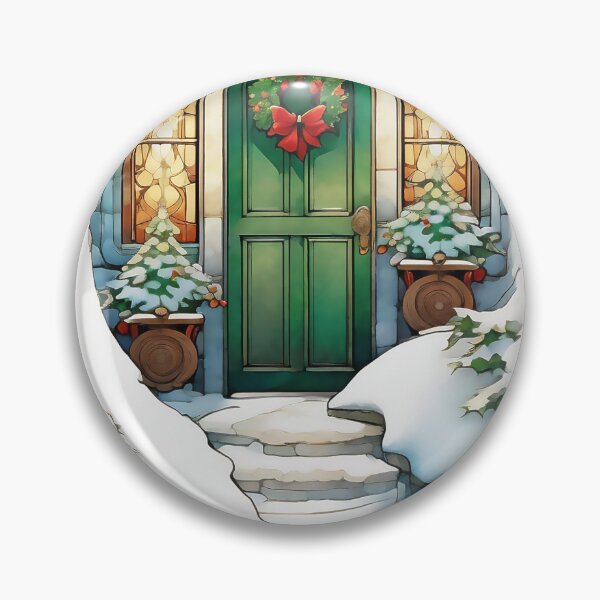 Item preview, Green Christmas Door with Wreath, Stained Glass, and Snowy Fir Trees designed and sold by gamgees.