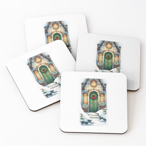 Item preview, Green Christmas Door with Wreath, Stained Glass, and Snowy Fir Trees designed and sold by gamgees.