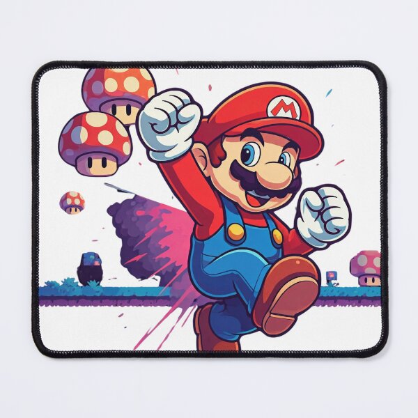 Item preview, A character in blue overalls and red hat, jumping with joy, mushrooms nearby. designed and sold by PholPol1959.