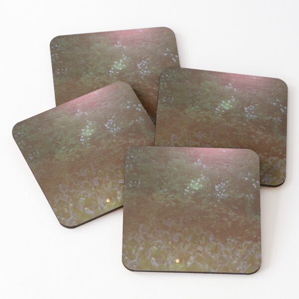 Item preview, Pink and yellow sunshine streaming down on lilypads with sunflairs against green trees  designed and sold by Jacobs-Media.