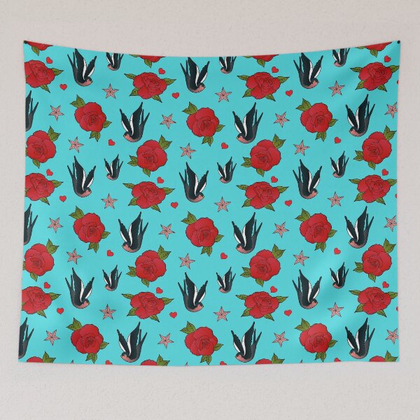 Item preview, Tattoo Style Swallows and Roses Rockabilly Pattern designed and sold by HotHibiscus.