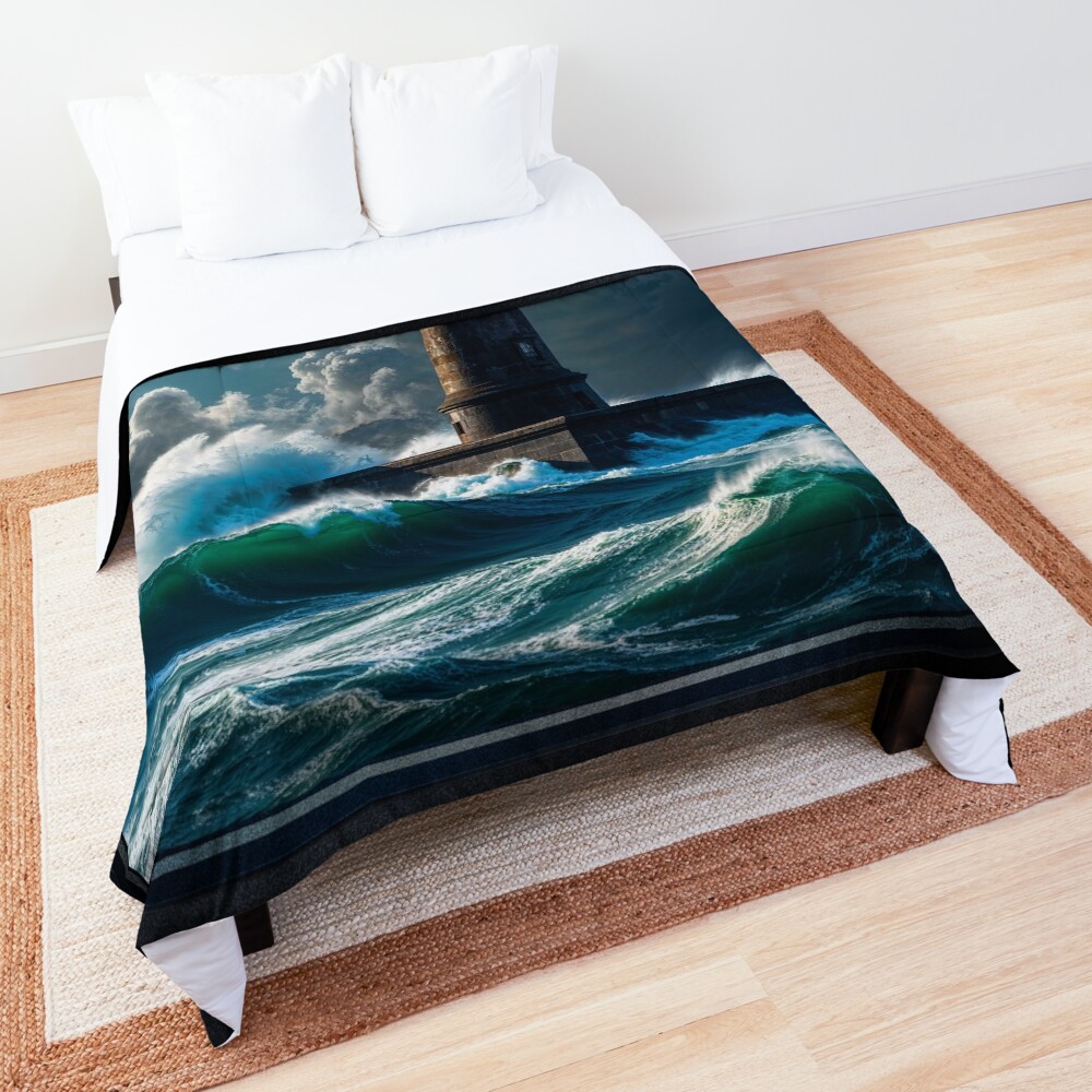 Lighthouse Amidst Stormy Seas Surviving Nature's Fury AI Concept Art by Xzendor7 | The Surging Nature Of Water 3 Lighthouse Amidst Stormy Seas Surviving Nature's Fury Explosive AI Concept Art by Xzendor7 Decorative Art Print Comforter