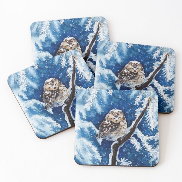 Item preview, Puffy owl sleeping under the Snowflakes - Cute baby Owl Watercolor Illustration designed and sold by Chiara Mendicino.