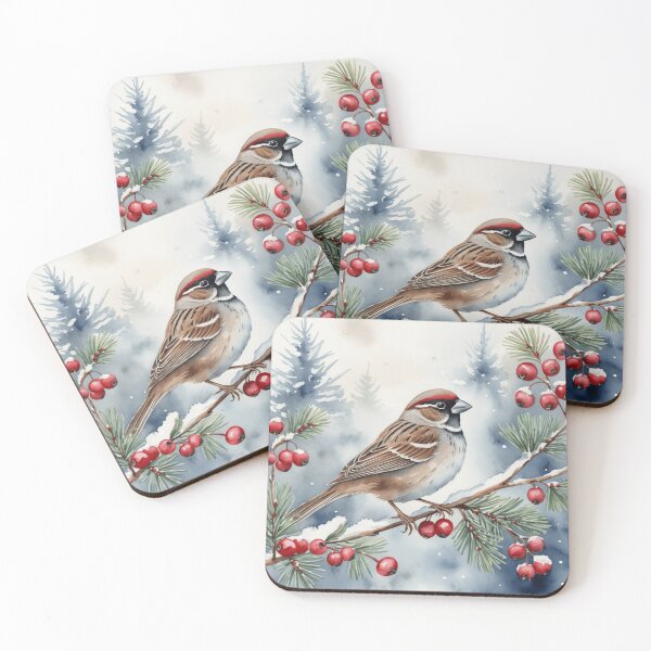 Item preview, Sparrow on Snowy Branch with Red Berries designed and sold by WaterBirdArt.