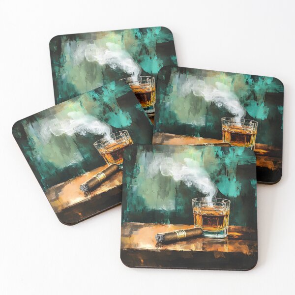 Item preview, Whiskey and Cigar - Warmth of Amber Liquid Set Against Vibrant Green and Teal designed and sold by OlfactoART Studio.